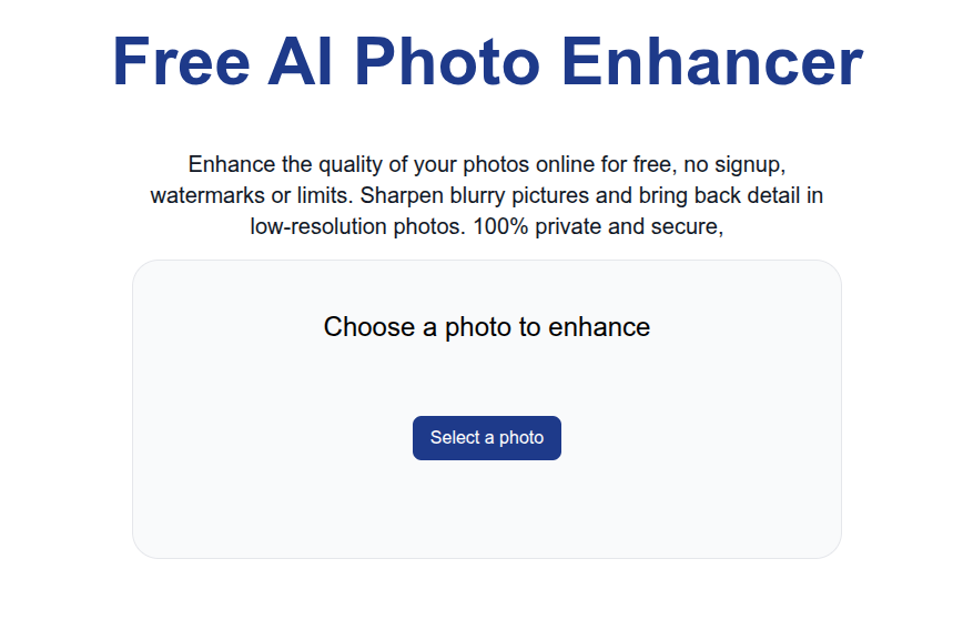 The photo enhancer page with a Choose a video or image file button