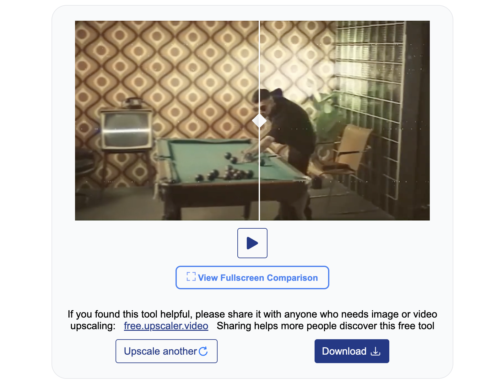 The before-and-after comparison view of a restored clip with a download button
